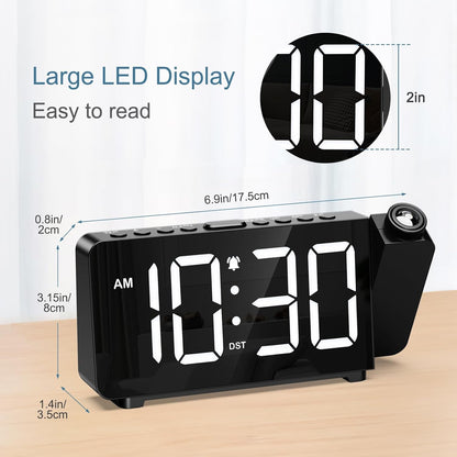 Projection Alarm Clocks for Bedrooms, Large LED Display Digital Clock with 180° Rotatable Projector, 5 Brightness, 3 Volumes, Snooze, 12/24H, DST, USB Charger, Desk Clock for Heavy Sleepers