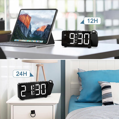 Projection Alarm Clocks for Bedrooms, Large LED Display Digital Clock with 180° Rotatable Projector, 5 Brightness, 3 Volumes, Snooze, 12/24H, DST, USB Charger, Desk Clock for Heavy Sleepers