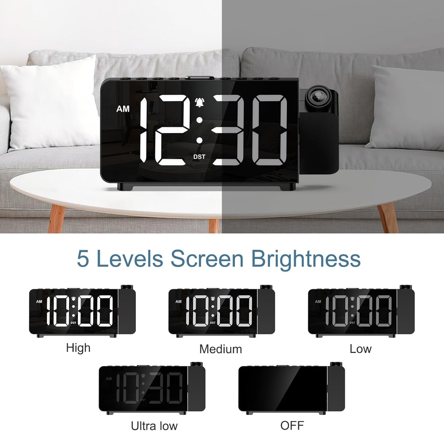 Projection Alarm Clocks for Bedrooms, Large LED Display Digital Clock with 180° Rotatable Projector, 5 Brightness, 3 Volumes, Snooze, 12/24H, DST, USB Charger, Desk Clock for Heavy Sleepers