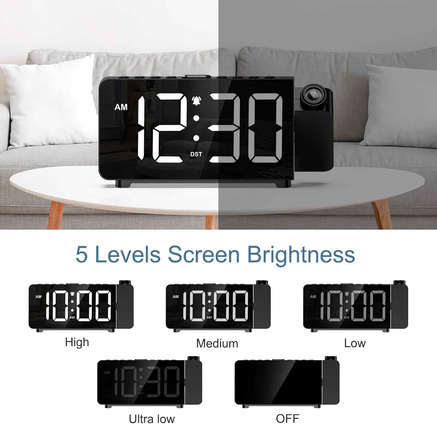 Projection Alarm Clocks for Bedrooms, Large LED Display Digital Clock with 180° Rotatable Projector, 5 Brightness, 3 Volumes, Snooze, 12/24H, DST, USB Charger, Desk Clock for Heavy Sleepers