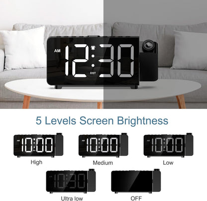 Projection Alarm Clocks for Bedrooms, Large LED Display Digital Clock with 180° Rotatable Projector, 5 Brightness, 3 Volumes, Snooze, 12/24H, DST, USB Charger, Desk Clock for Heavy Sleepers