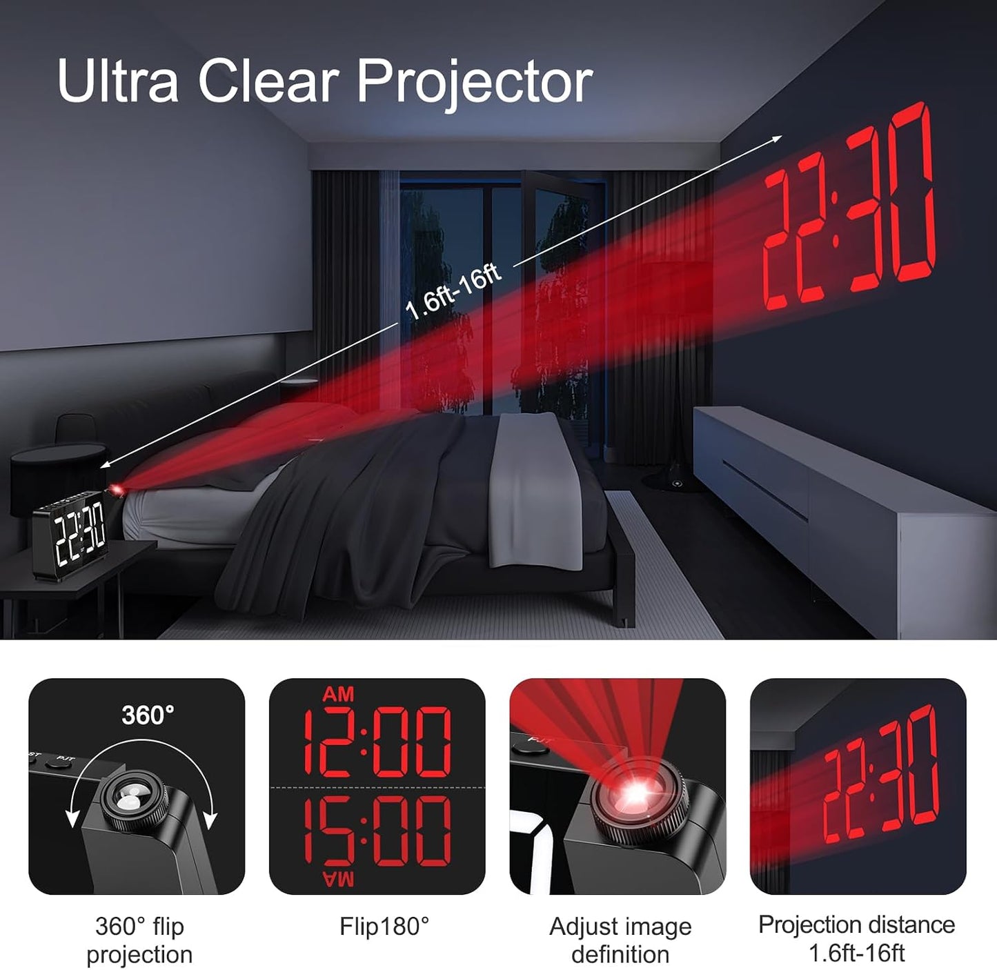 Projection Alarm Clocks for Bedrooms, Large LED Display Digital Clock with 180° Rotatable Projector, 5 Brightness, 3 Volumes, Snooze, 12/24H, DST, USB Charger, Desk Clock for Heavy Sleepers