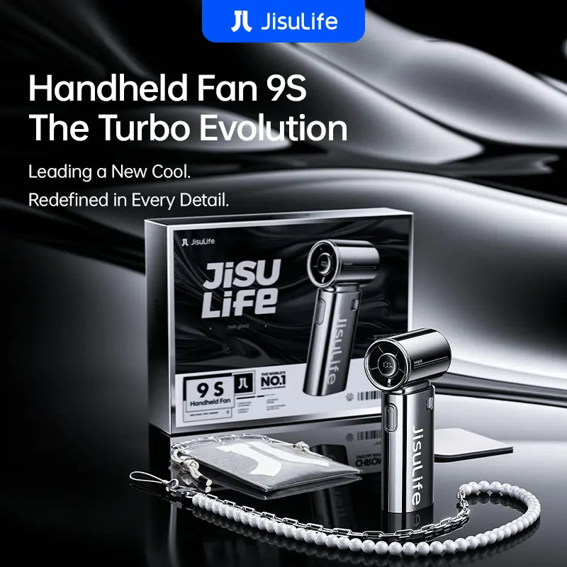 JISULIFE 2026 Life9S Chrome Portable Handheld Turbo Cooling Fan - 5000Mah Rechargeable, 18H Runtime, High-Speed, Tools and Gadgets, Mini Gadgets, Fathers Day Gift, Unique Gift for Men, Household Appliances,Dorm Essentials,Home Essentials