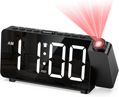 Projection Alarm Clocks for Bedrooms, Large LED Display Digital Clock with 180° Rotatable Projector, 5 Brightness, 3 Volumes, Snooze, 12/24H, DST, USB Charger, Desk Clock for Heavy Sleepers