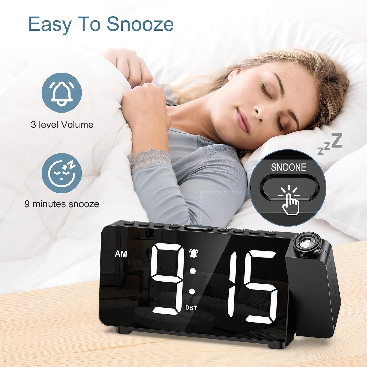 Projection Alarm Clocks for Bedrooms, Large LED Display Digital Clock with 180° Rotatable Projector, 5 Brightness, 3 Volumes, Snooze, 12/24H, DST, USB Charger, Desk Clock for Heavy Sleepers