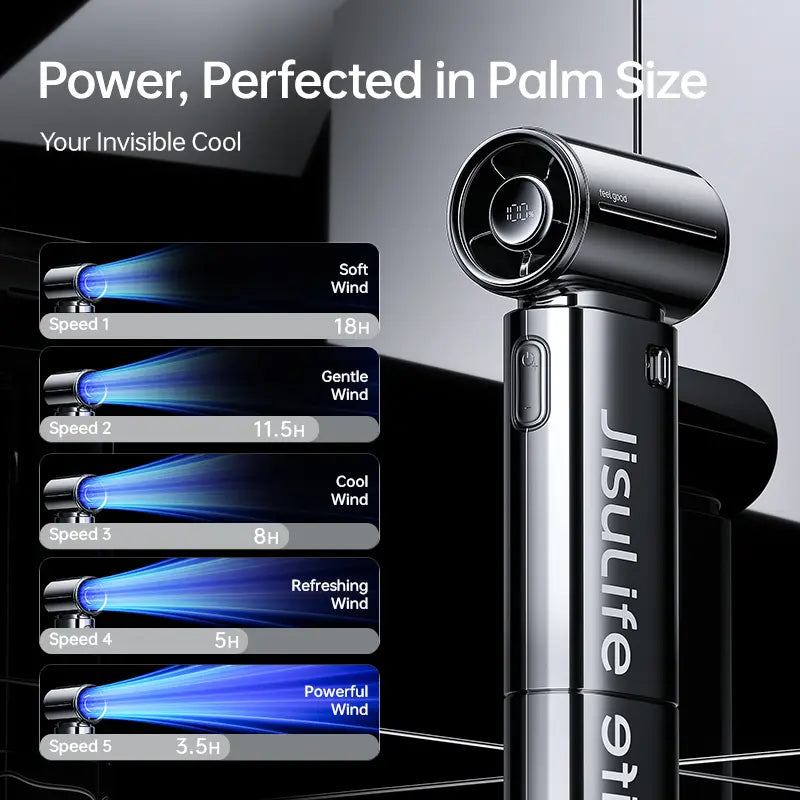 JISULIFE 2026 Life9S Chrome Portable Handheld Turbo Cooling Fan - 5000Mah Rechargeable, 18H Runtime, High-Speed, Tools and Gadgets, Mini Gadgets, Fathers Day Gift, Unique Gift for Men, Household Appliances,Dorm Essentials,Home Essentials