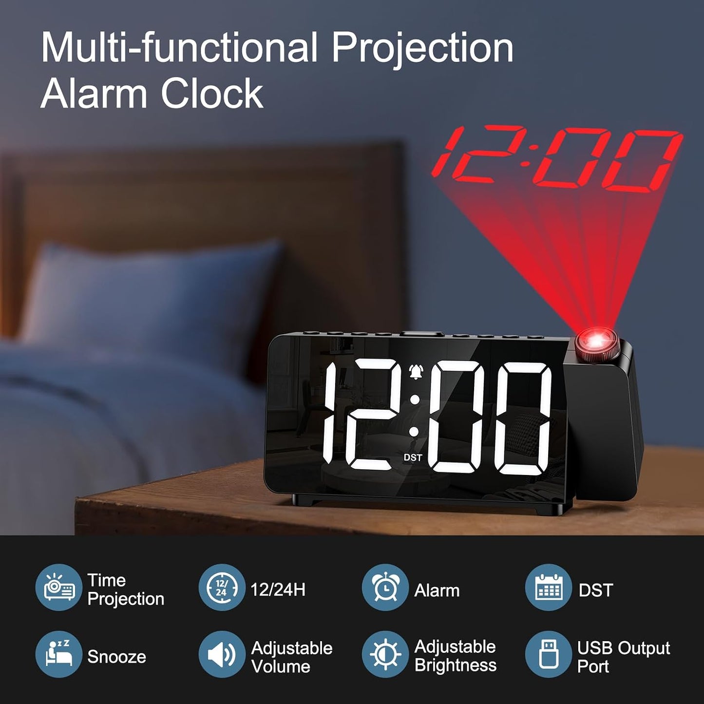Projection Alarm Clocks for Bedrooms, Large LED Display Digital Clock with 180° Rotatable Projector, 5 Brightness, 3 Volumes, Snooze, 12/24H, DST, USB Charger, Desk Clock for Heavy Sleepers