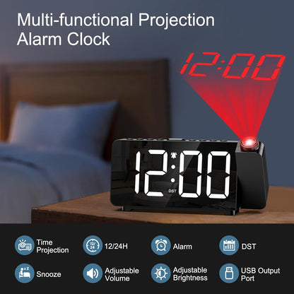 Projection Alarm Clocks for Bedrooms, Large LED Display Digital Clock with 180° Rotatable Projector, 5 Brightness, 3 Volumes, Snooze, 12/24H, DST, USB Charger, Desk Clock for Heavy Sleepers